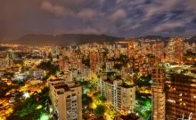 A view of the city at night from above.