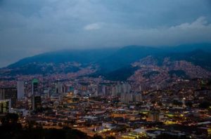 A view of the city from above at night.